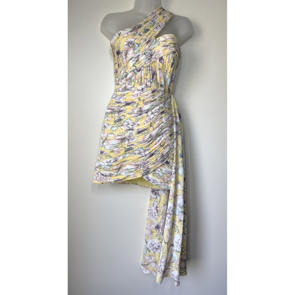Lavish Alice Pleated Mini Dress Size 2 Formal Wedding Yellow Floral Party Event